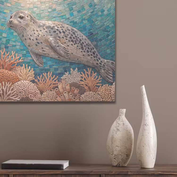Zeehond - Mozaïek - Onderwater - Dieren - Blauw PET vilt klein -sfeer6_closeup
