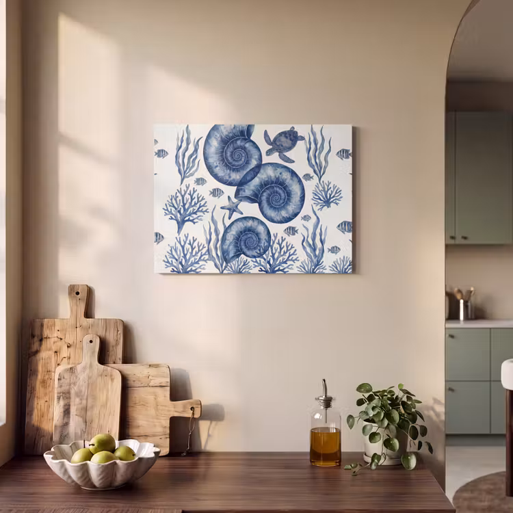 Schelp - Spiraal - Zeeleven - Aquarel - Blauw PET vilt klein -sfeer2