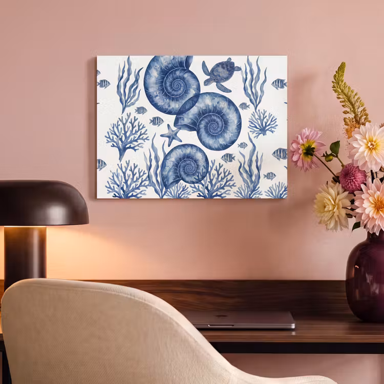 Schelp - Spiraal - Zeeleven - Aquarel - Blauw PET vilt klein -sfeer3