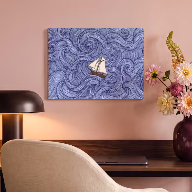 Schip - Golven - Zee - Illustratie - Blauw PET vilt klein -sfeer3