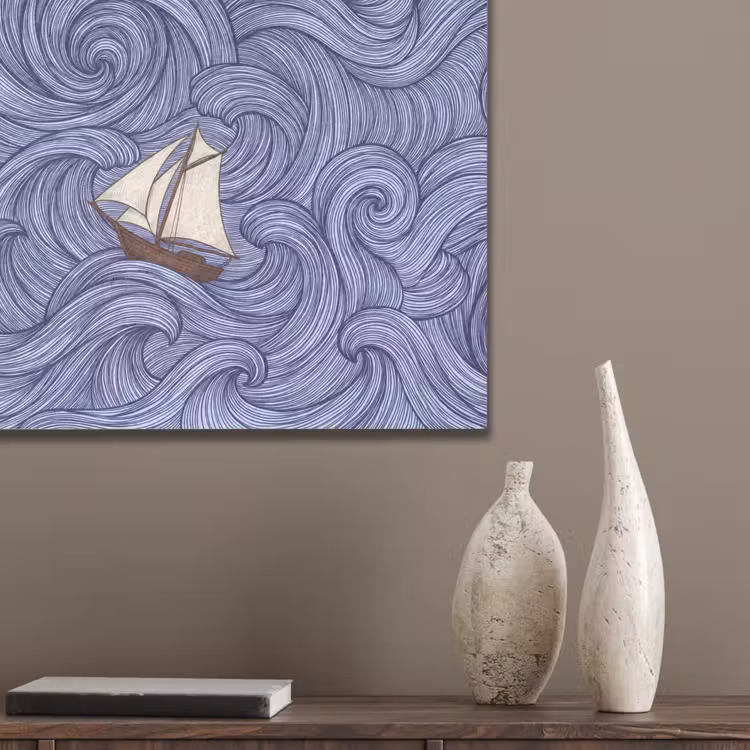 Schip - Golven - Zee - Illustratie - Blauw PET vilt klein -sfeer6_closeup