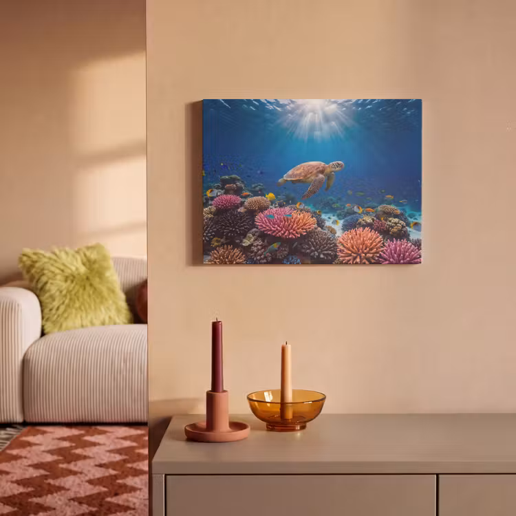Schildpad - Koraalrif - Oceaan - Dieren - Blauw PET vilt klein -sfeer1