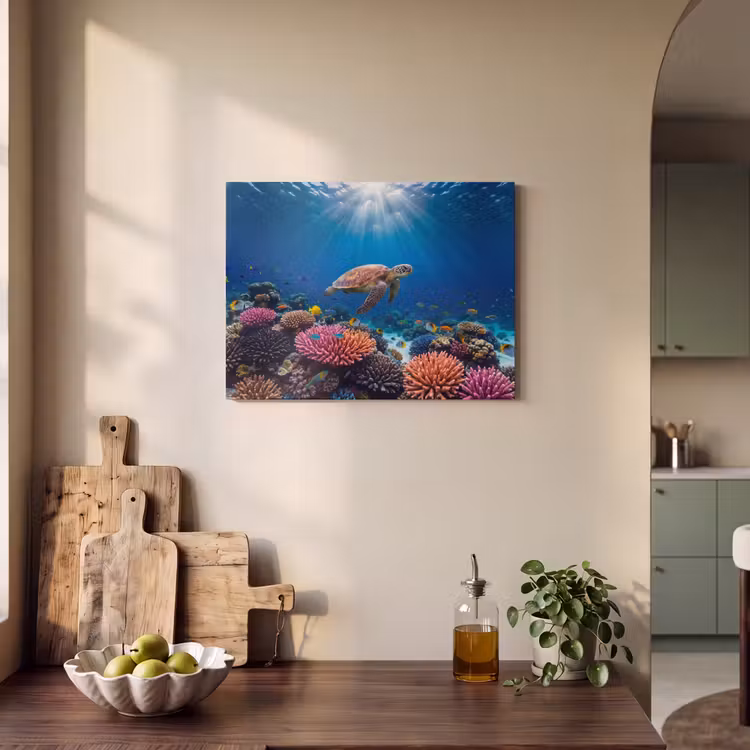 Schildpad - Koraalrif - Oceaan - Dieren - Blauw PET vilt klein -sfeer2