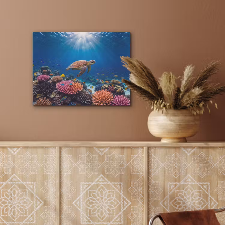 Schildpad - Koraalrif - Oceaan - Dieren - Blauw PET vilt klein -sfeer4