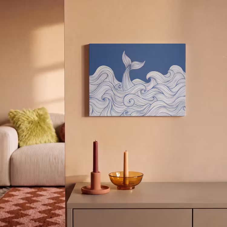 Walvis - Staart - Golven - Lijntekening - Blauw PET vilt klein -sfeer1