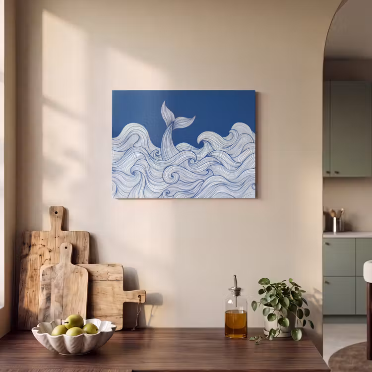 Walvis - Staart - Golven - Lijntekening - Blauw PET vilt klein -sfeer2