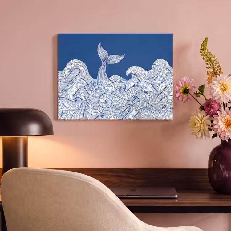 Walvis - Staart - Golven - Lijntekening - Blauw PET vilt klein -sfeer3