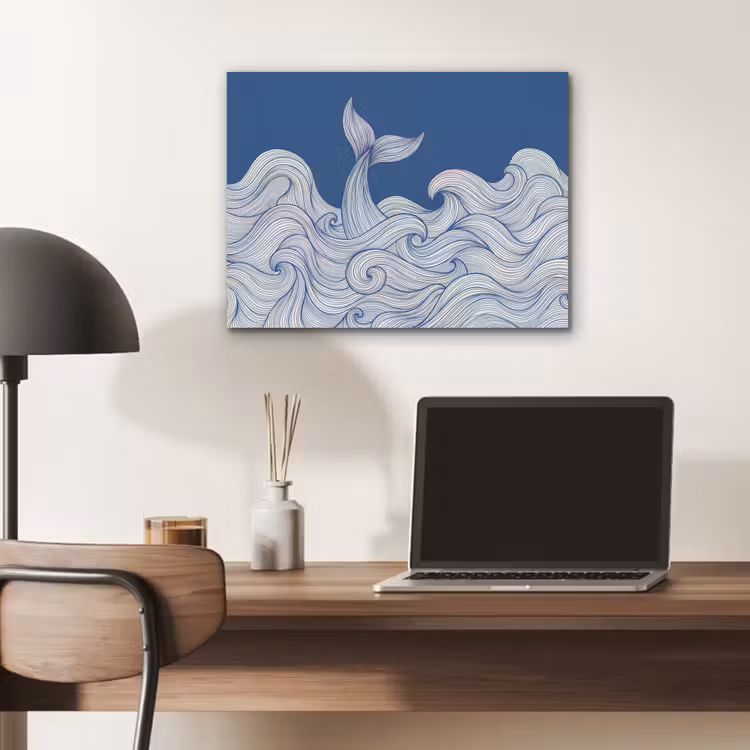 Walvis - Staart - Golven - Lijntekening - Blauw PET vilt klein -sfeer5