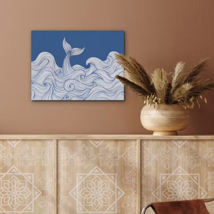 Walvis - Staart - Golven - Lijntekening - Blauw PET vilt klein -sfeer4