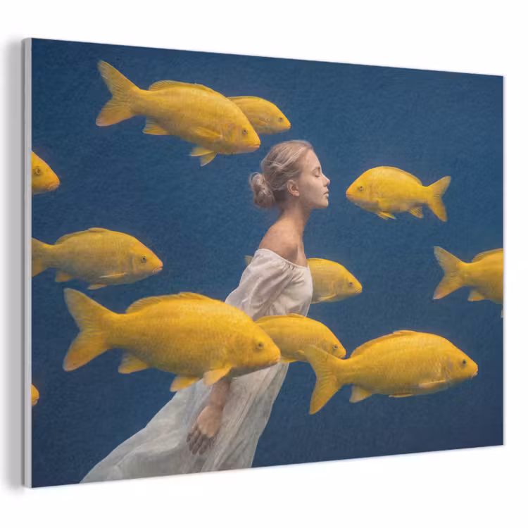 Vrouw - Vis - Water - Natuur - Geel PET vilt klein -3d