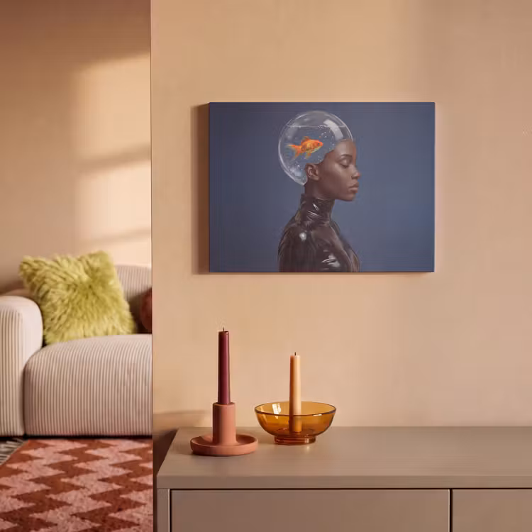 Vrouw - Goudvis - Hoofd - Abstract - Blauw PET vilt klein -sfeer1
