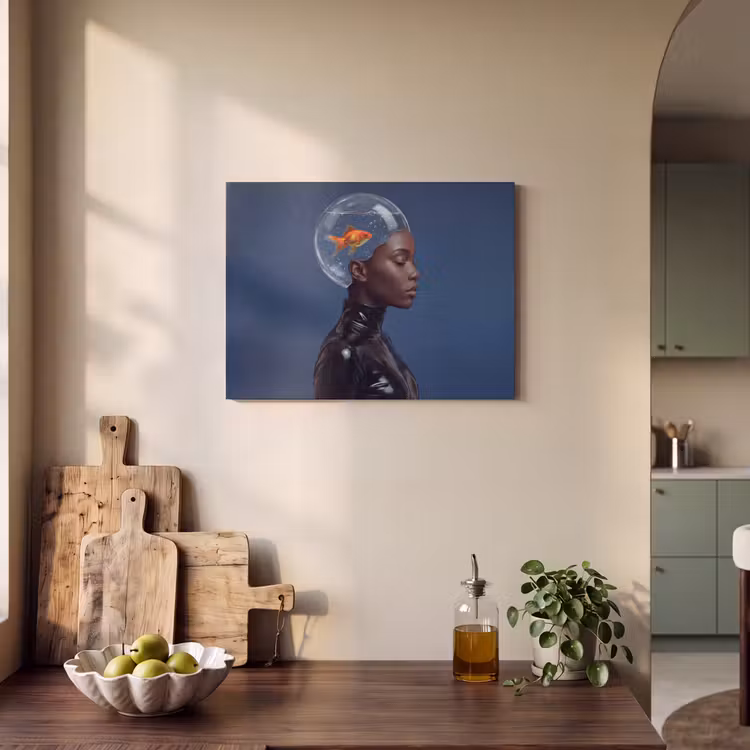 Vrouw - Goudvis - Hoofd - Abstract - Blauw PET vilt klein -sfeer2