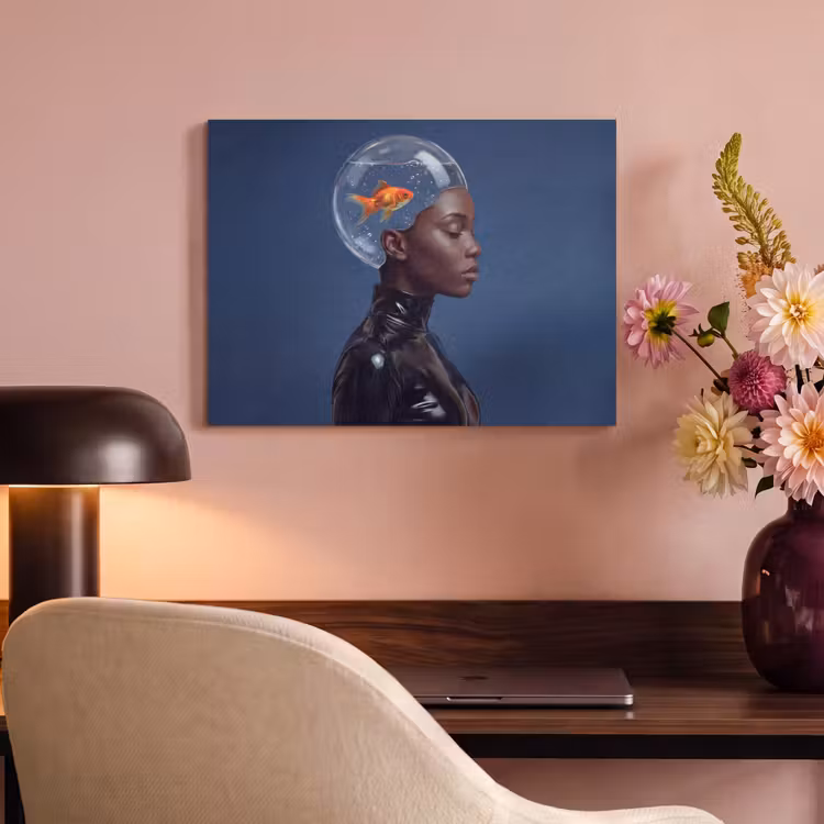 Vrouw - Goudvis - Hoofd - Abstract - Blauw PET vilt klein -sfeer3