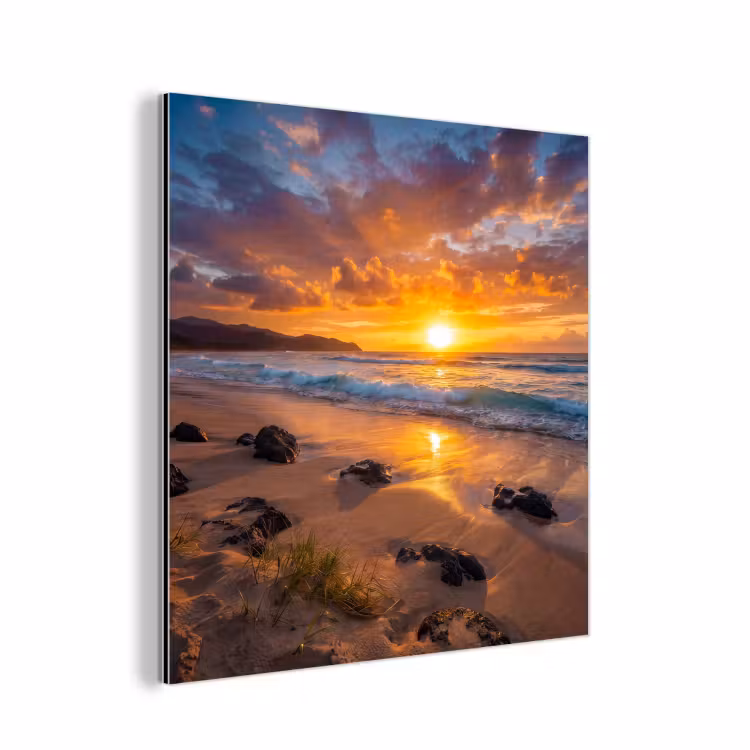 Strand - Zonsondergang - Golven - Natuur - Oranje aluminium wit klein -3d