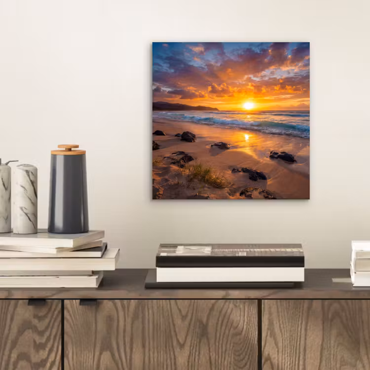 Strand - Zonsondergang - Golven - Natuur - Oranje aluminium wit klein -sfeer1