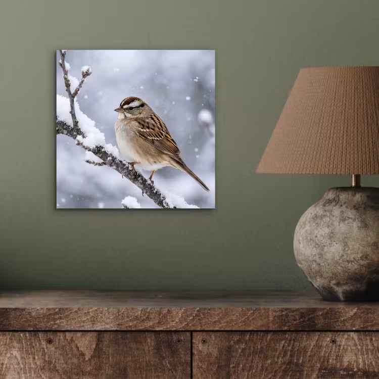 Vogel - Tak - Sneeuw - Winter aluminium wit klein -sfeer2