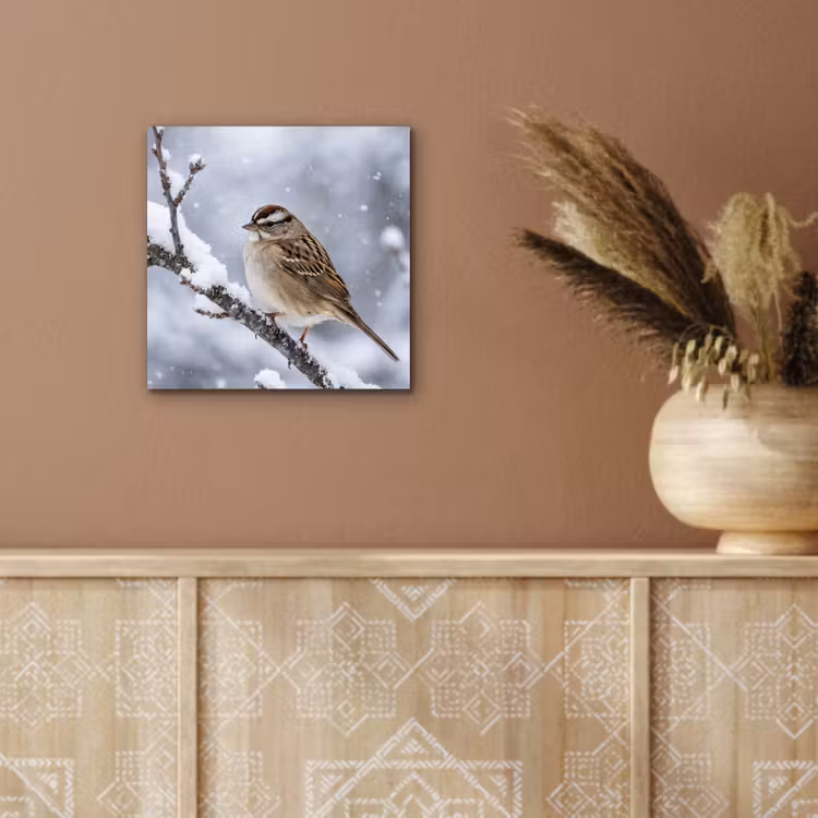 Vogel - Tak - Sneeuw - Winter aluminium wit klein -sfeer4