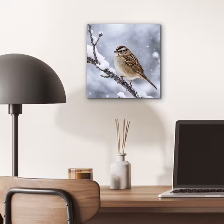 Vogel - Tak - Sneeuw - Winter aluminium wit klein -sfeer5