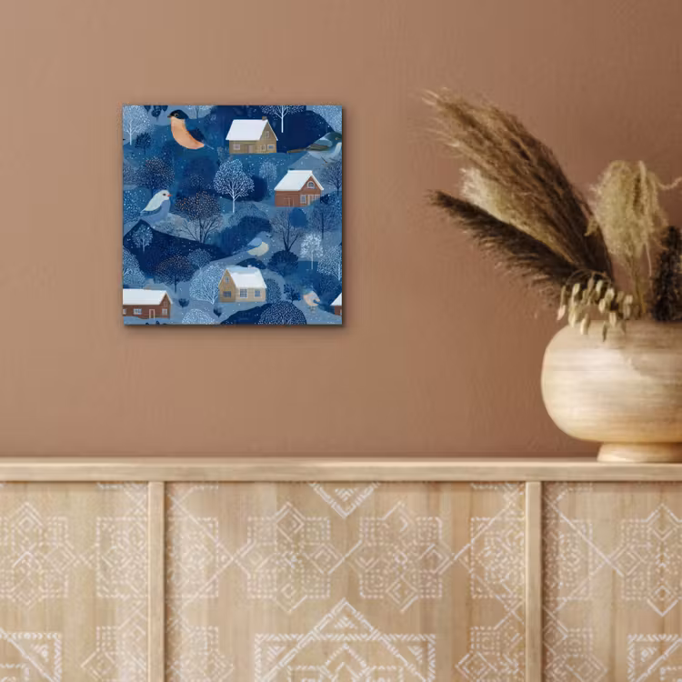 Huisjes - Vogels - Sneeuw - Winter - Blauw aluminium wit klein 46 -sfeer4