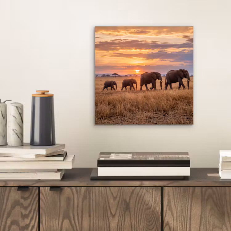 Olifanten - Savanne - Zonsondergang - Afrika - Warm aluminium wit klein -sfeer1