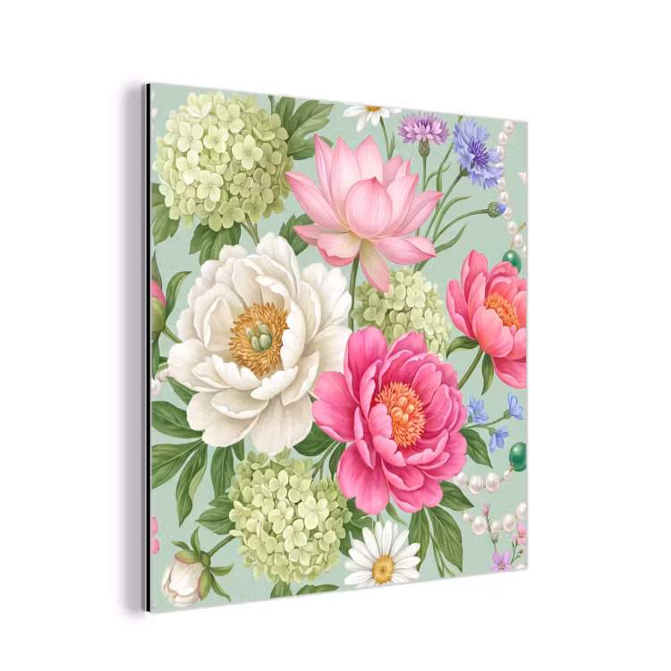 Bloemen - Patroon - Botanisch - Groen aluminium wit klein -3d