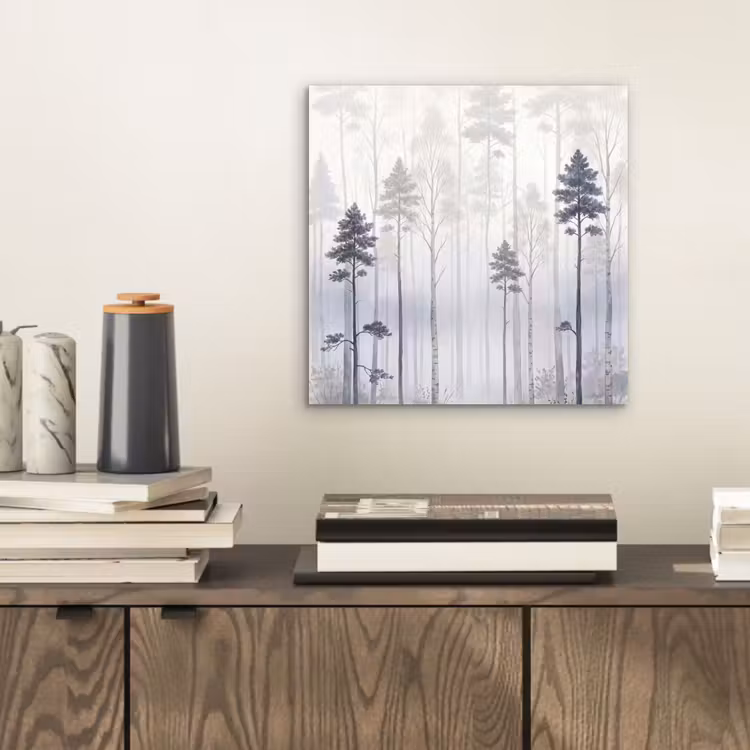 Bos - Bomen - Mist - Natuur - Illustratie - Grijs aluminium wit klein -sfeer1