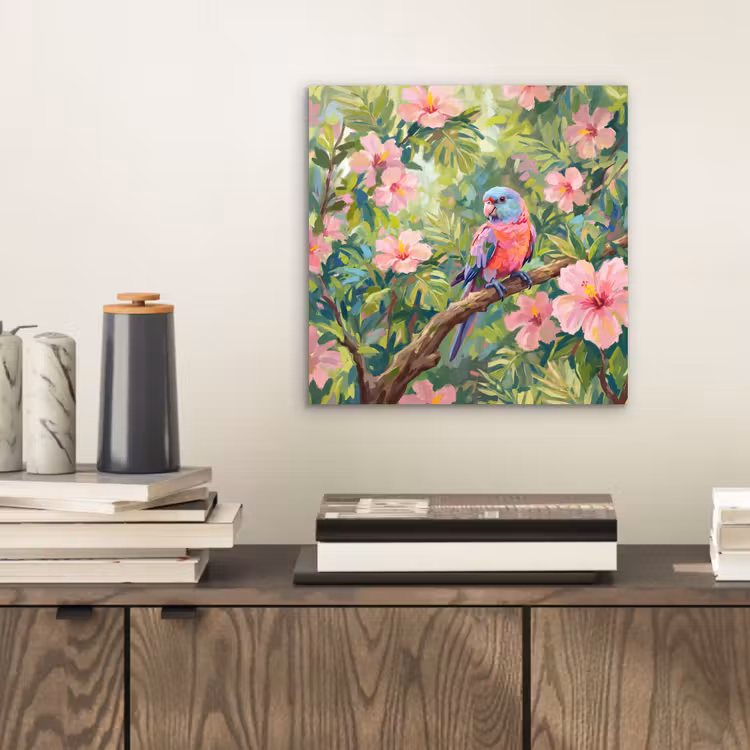 Papagaai - Hibiscusbloemen - Kleurrijk aluminium wit klein -sfeer1