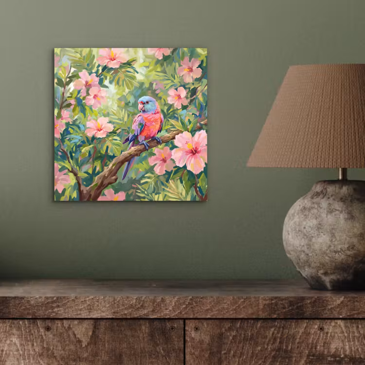 Papagaai - Hibiscusbloemen - Kleurrijk aluminium wit klein -sfeer2
