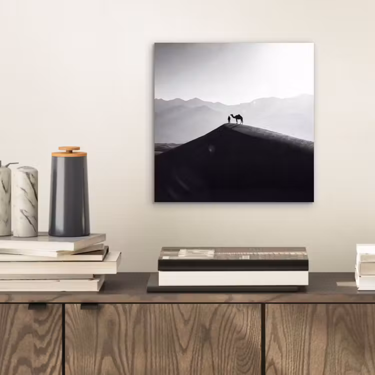 Mens - Kameel - Zandduin - Natuur - Monochroom aluminium wit klein -sfeer1