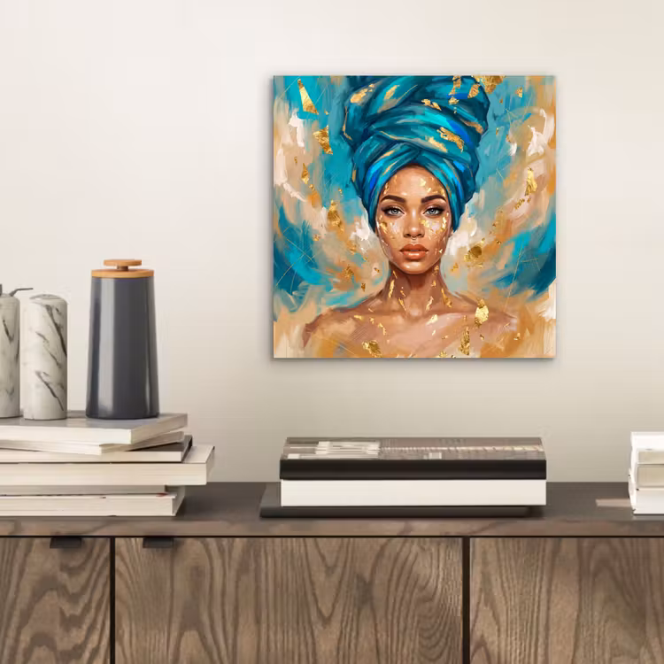 Portret - Vrouw - Schilderij - Blauw - Goud - Expressief aluminium wit klein -sfeer1
