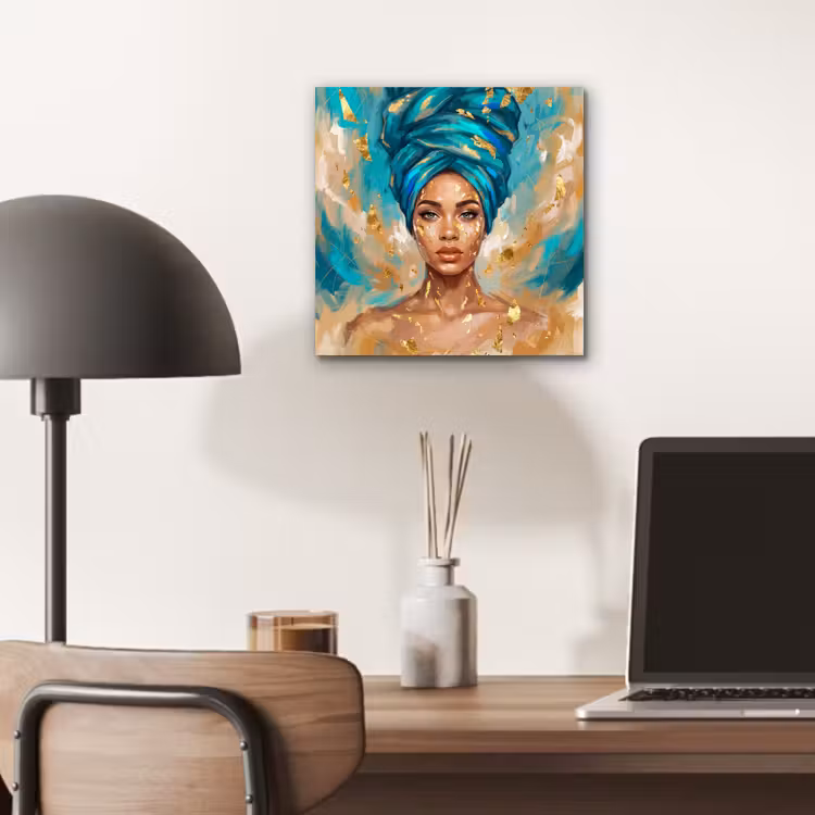 Portret - Vrouw - Schilderij - Blauw - Goud - Expressief aluminium wit klein -sfeer5