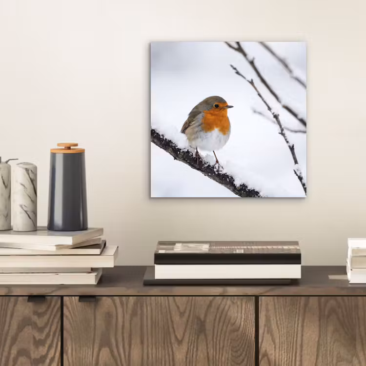 Roodborstje - Tak - Sneeuw - Winter - Levendig aluminium wit klein -sfeer1