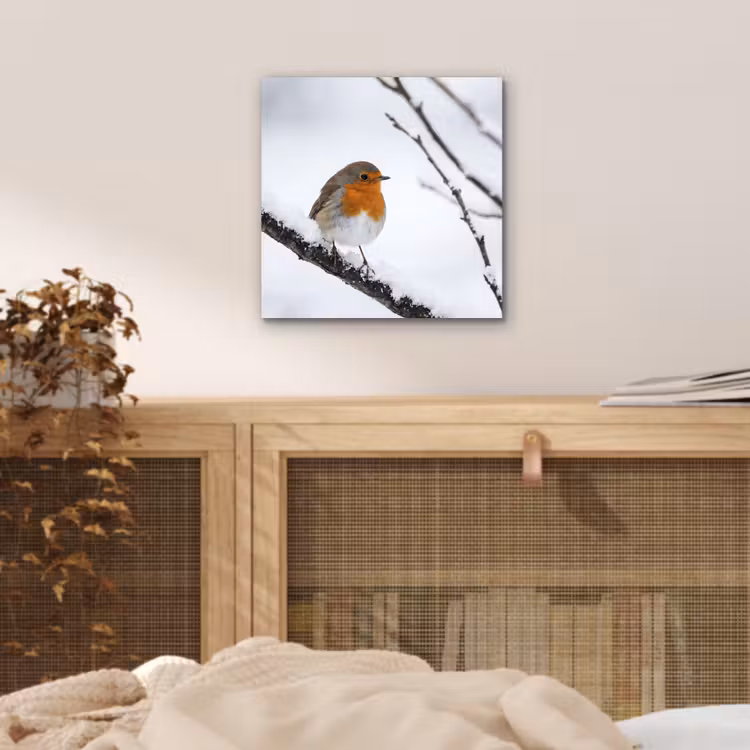 Roodborstje - Tak - Sneeuw - Winter - Levendig aluminium wit klein -sfeer3