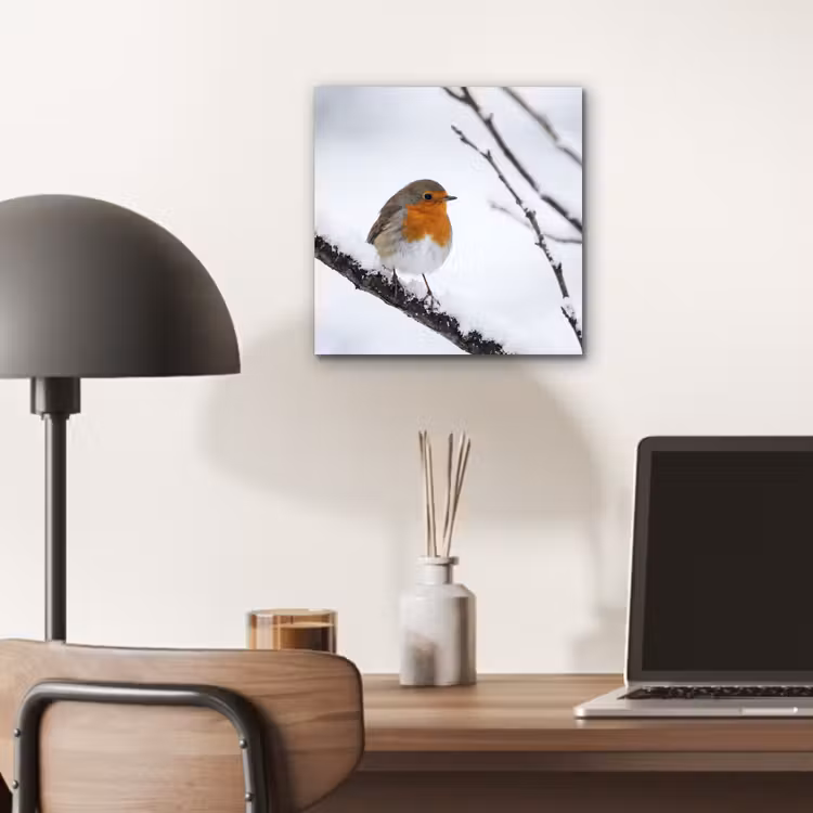 Roodborstje - Tak - Sneeuw - Winter - Levendig aluminium wit klein -sfeer5