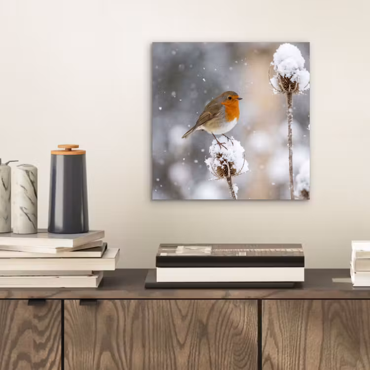 Roodborstje - Gedroogde bloem - Sneeuw - Winter - Vertederend aluminium wit klein -sfeer1