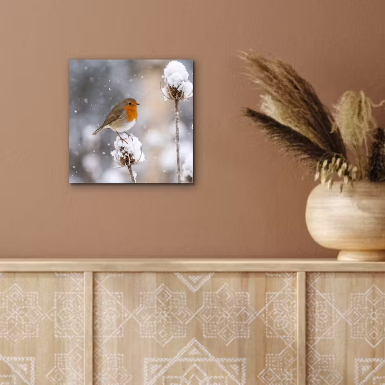 Roodborstje - Gedroogde bloem - Sneeuw - Winter - Vertederend aluminium wit klein -sfeer4