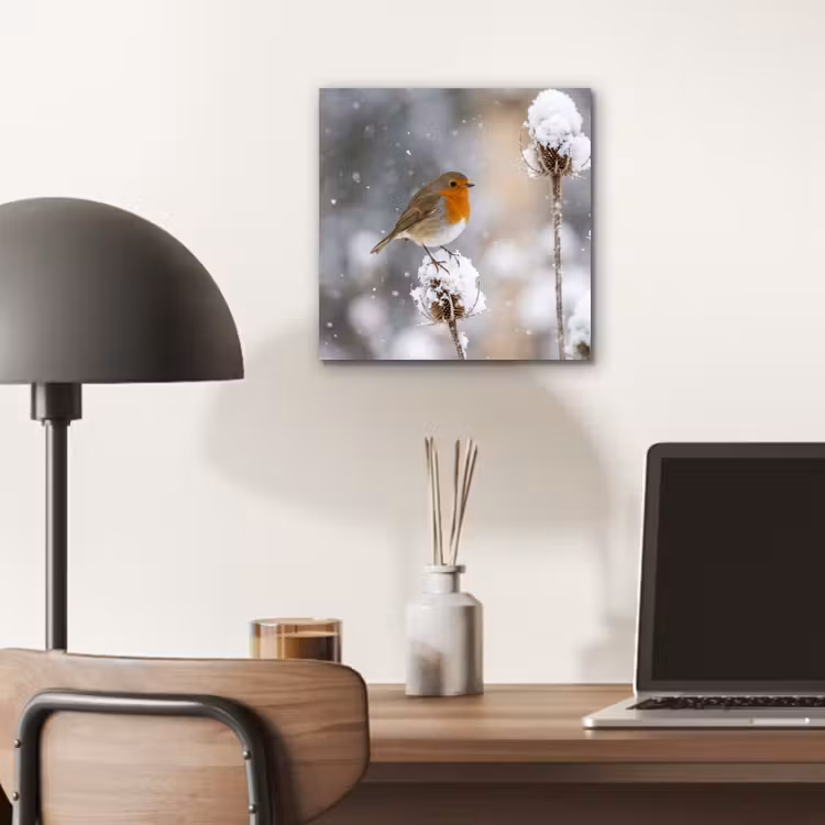 Roodborstje - Gedroogde bloem - Sneeuw - Winter - Vertederend aluminium wit klein -sfeer5