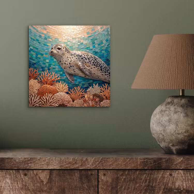 Zeehond - Mozaïek - Onderwater - Dieren - Blauw aluminium wit klein -sfeer2
