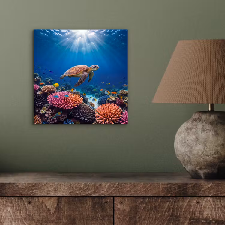 Schildpad - Koraalrif - Oceaan - Dieren - Blauw aluminium wit klein -sfeer2
