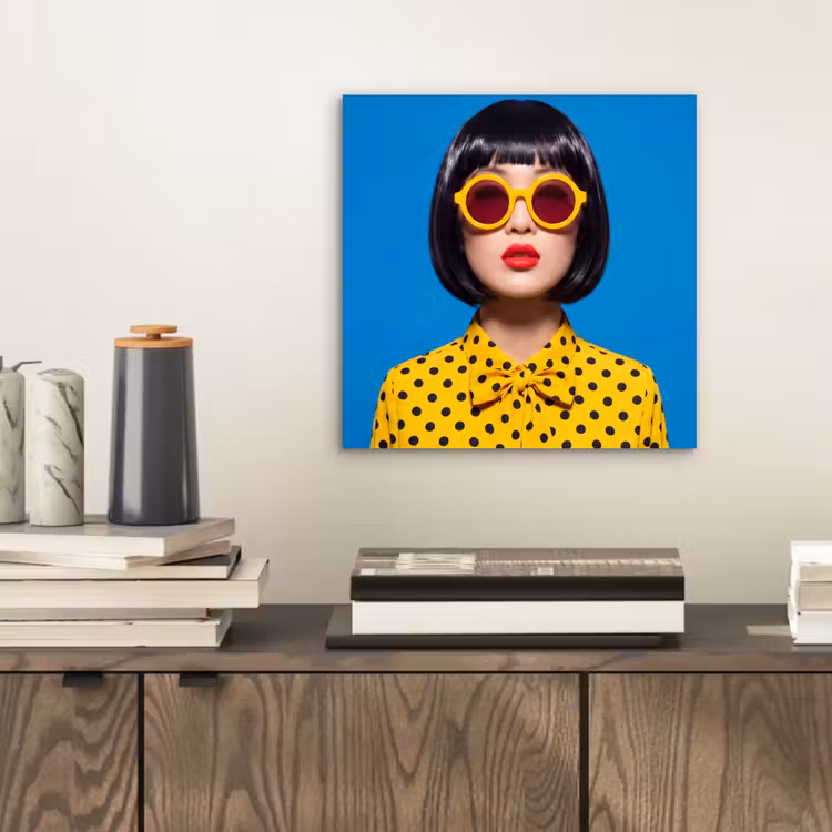 Vrouw - Zonnebril - Pop Art - Portret - Geel aluminium wit klein -sfeer1
