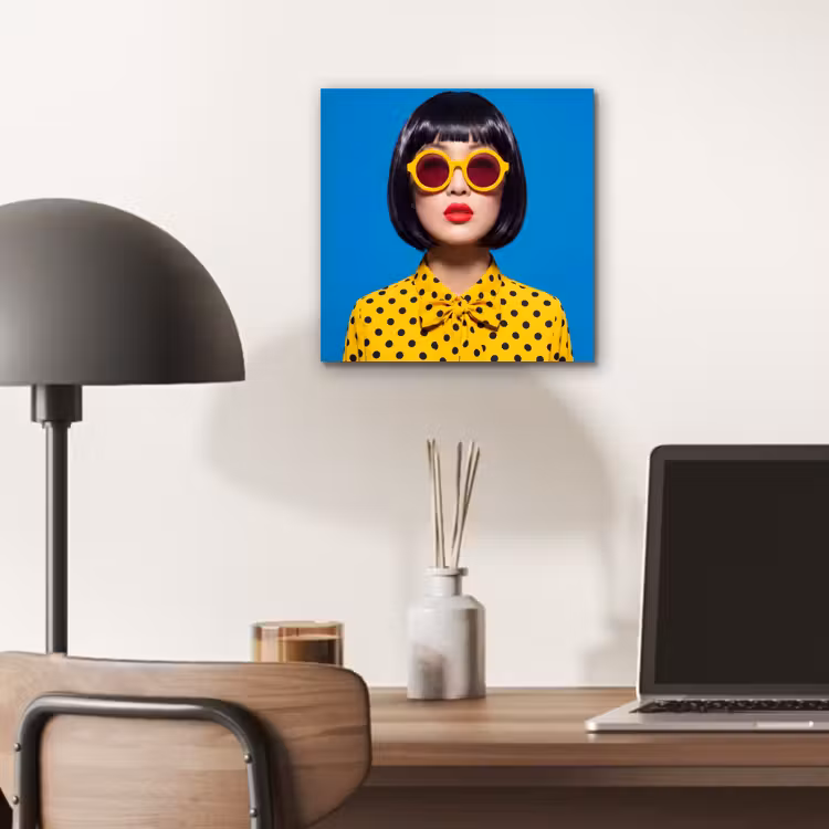 Vrouw - Zonnebril - Pop Art - Portret - Geel aluminium wit klein -sfeer5