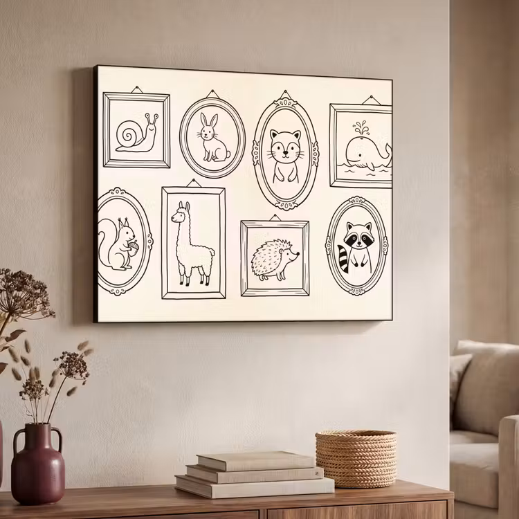 Dieren - Illustratie - Lijsten - Galerij - Speels Textielframe zwart klein -sfeer3