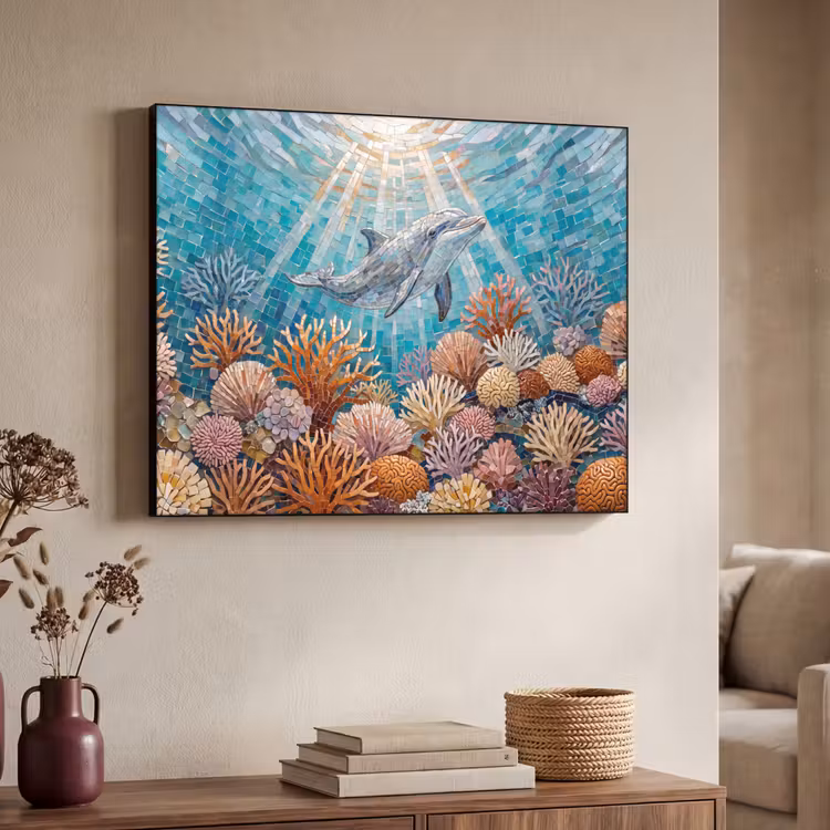 Dieren - Mozaïek - Oceaan - Koraal - Blauw Textielframe zwart klein -sfeer3