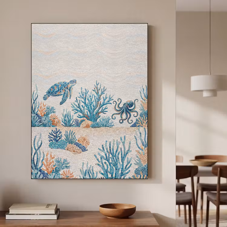 Dieren - Onderwater - Natuur - Mozaïek - Blauw Textielframe zwart klein -sfeer2