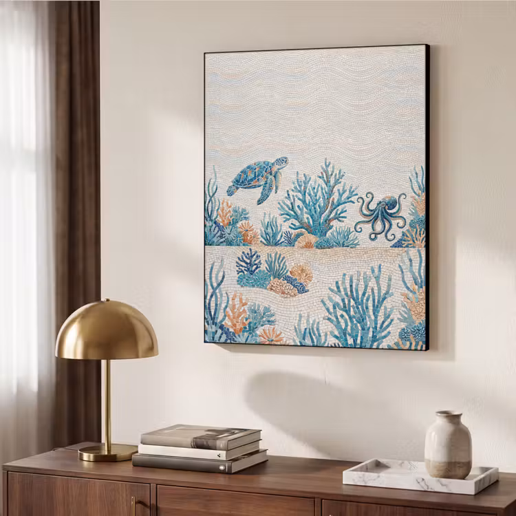 Dieren - Onderwater - Natuur - Mozaïek - Blauw Textielframe zwart klein -sfeer3