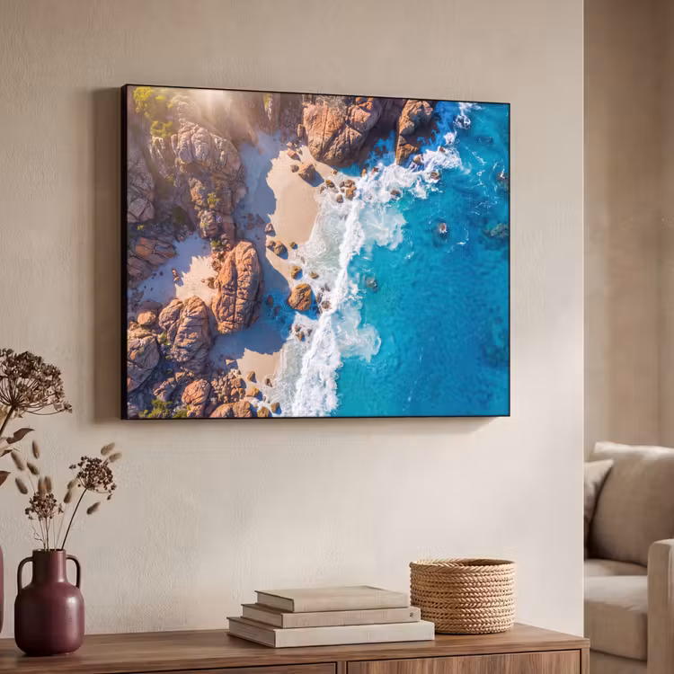 Strand - Zee - Rotsen - Natuur - Blauw Textielframe zwart klein -sfeer3