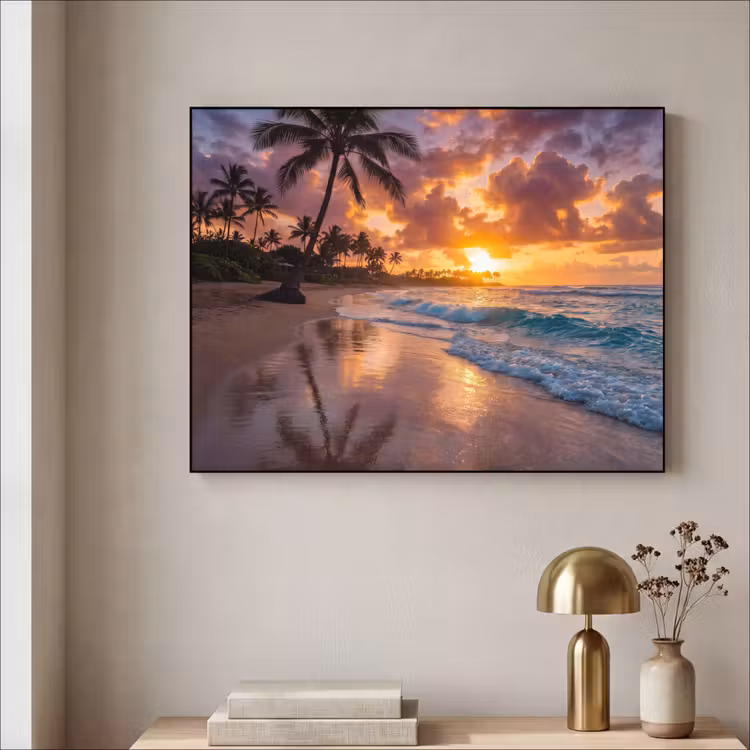 Strand - Zonsopgang - Tropisch - Natuur - Oranje Textielframe zwart klein -sfeer2