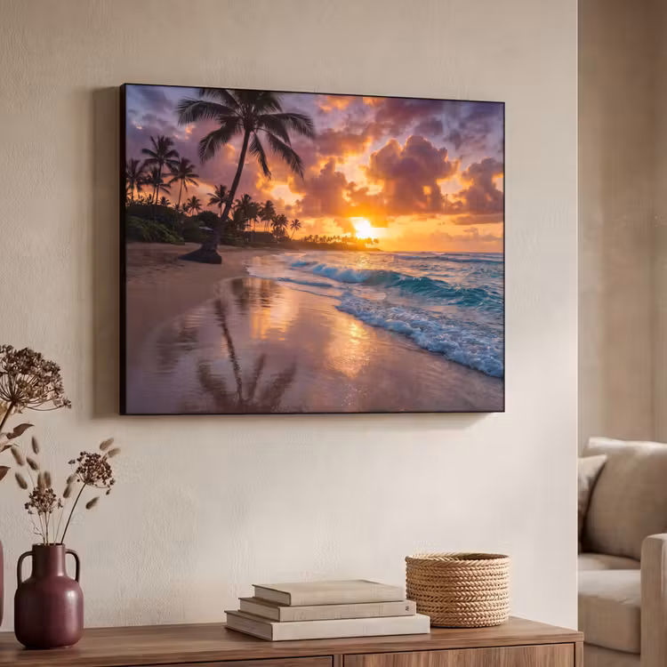 Strand - Zonsopgang - Tropisch - Natuur - Oranje Textielframe zwart klein -sfeer3