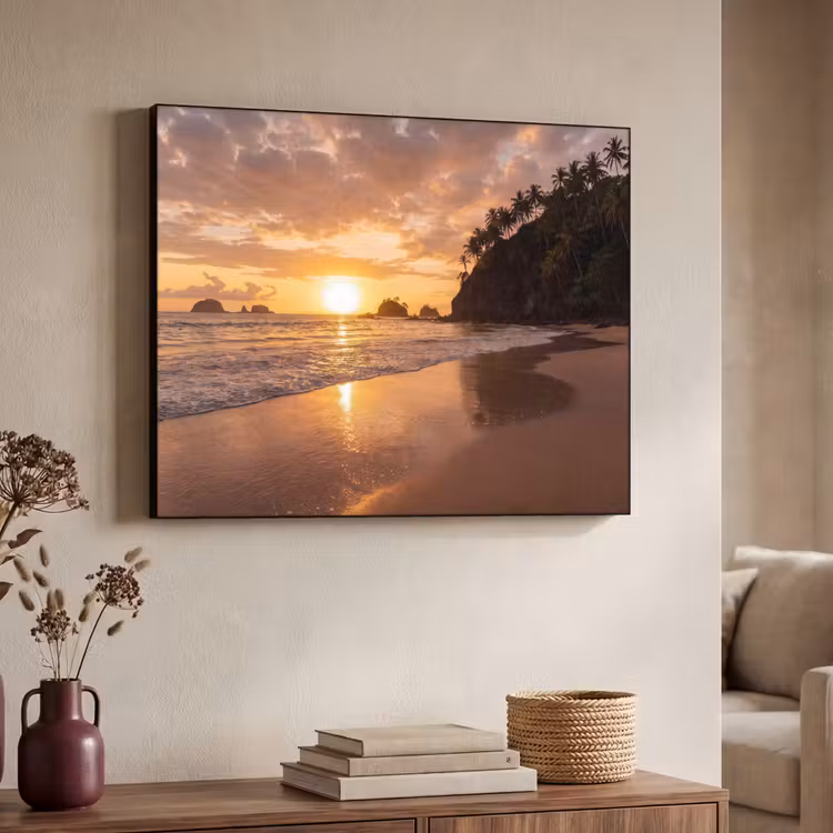 Strand - Zonsondergang - Natuur - Tropisch - Oranje Textielframe zwart klein -sfeer3