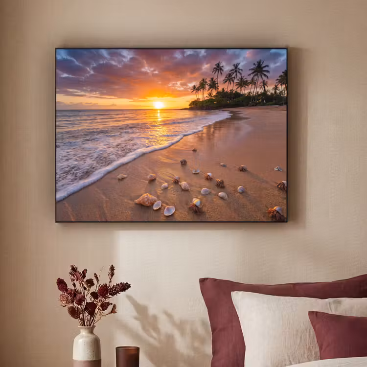 Strand - Zonsondergang - Palmbomen - Natuur - Oranje Textielframe zwart klein -sfeer1